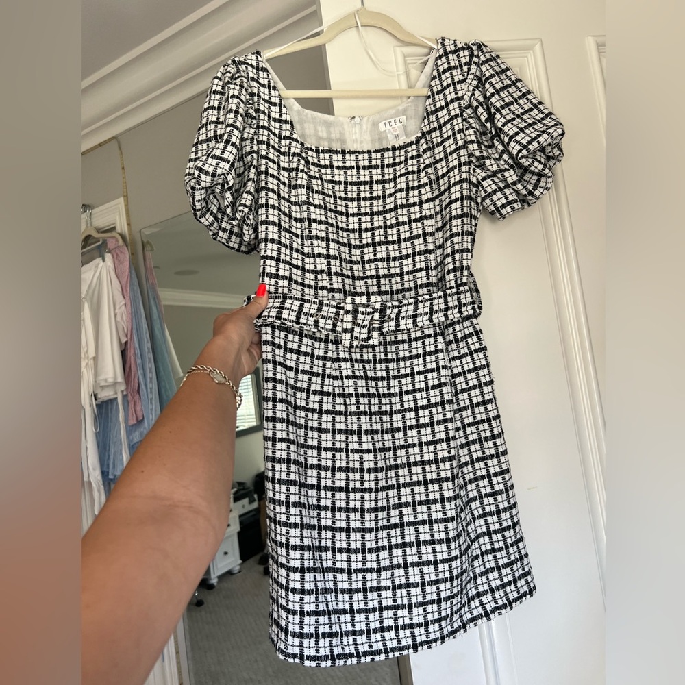 TCEC Black and White Puff Sleeve Mini Dress